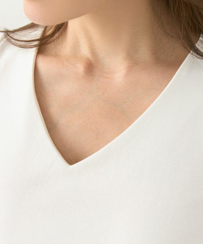 手洗い可かわいい上品きれいめ大人カジュアルオフィスシンプルVネック体型カバー異素材ジョイントスペース