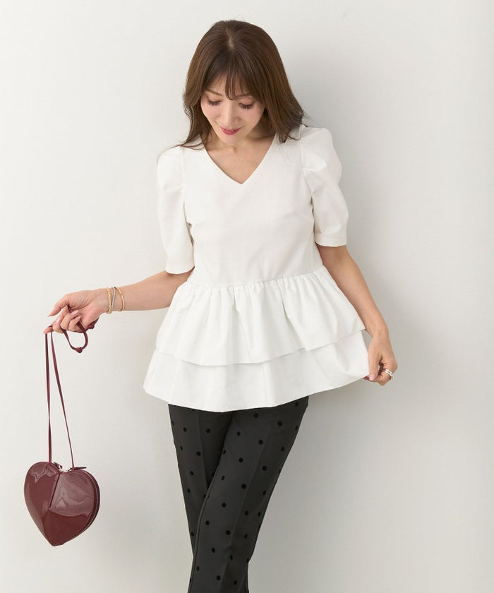 手洗い可かわいい上品きれいめ大人カジュアルオフィスシンプルVネック体型カバー異素材ジョイントスペース