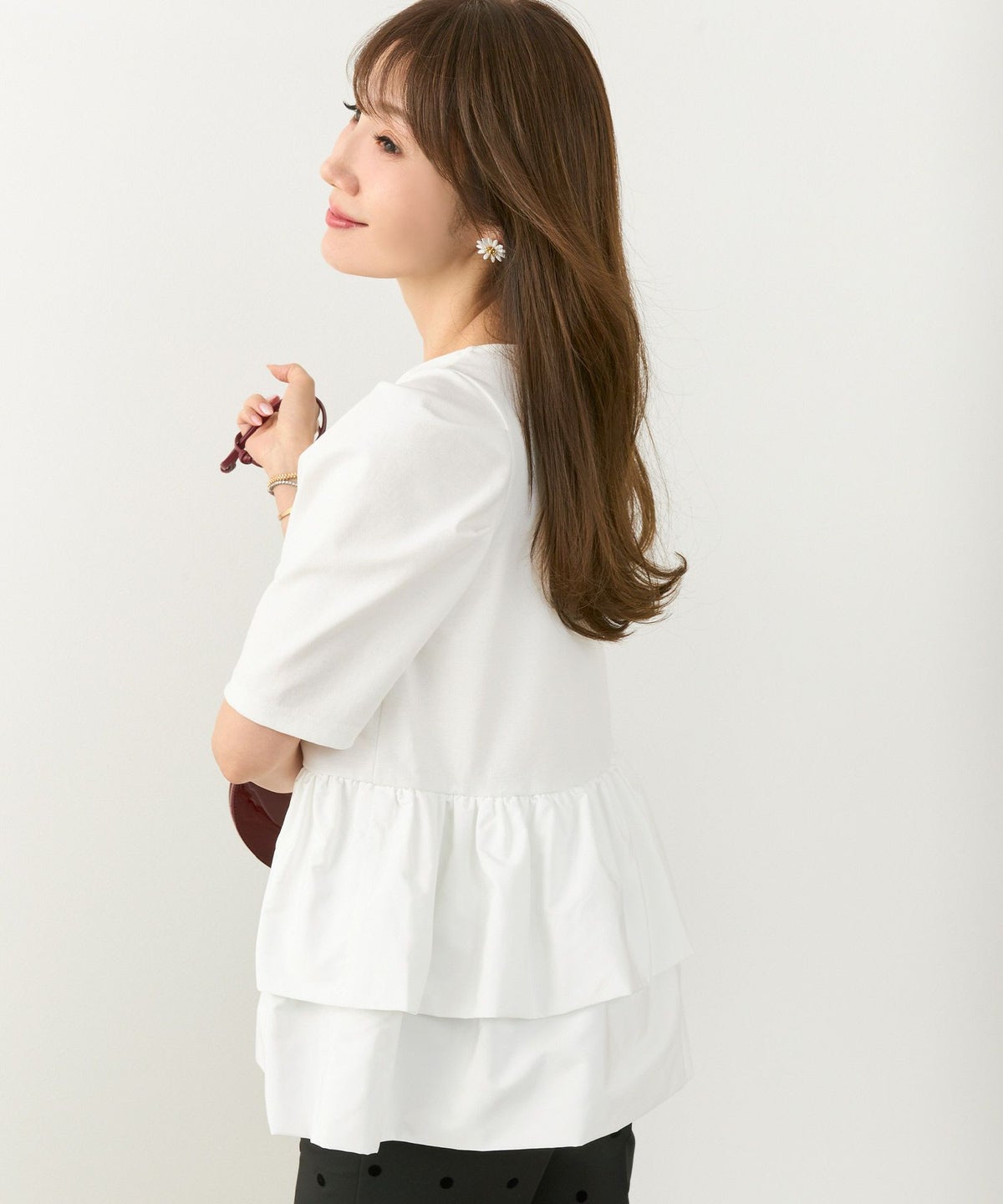 手洗い可かわいい上品きれいめ大人カジュアルオフィスシンプルVネック体型カバー異素材ジョイントスペース