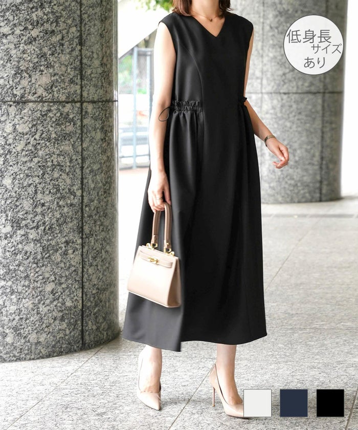 レディース 夏 サマーワンピース 薄手 ドロスト きれいめ 洗える ホワイト ネイビー ブラック S M 前後2way ノースリーブ サイド ドロスト 2way ワンピース HUIT