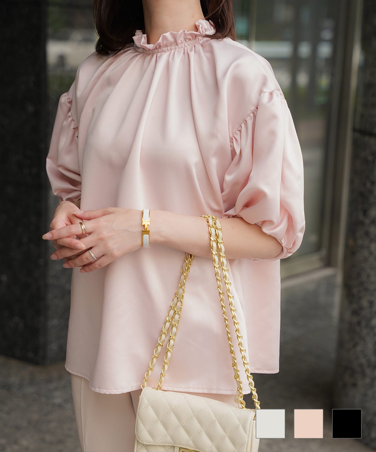 2way サテンブラウス HUIT アイボリー ピンクベージュ ブラック M 前後2way 半袖 2way サテン ブラウス HUIT