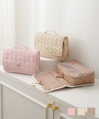 大容量 撥水 フック付き トラベル おしゃれ メッシュ ポケット 多機能 仕分け ゴムバンド コテ ヘアアイロン ベージュ ピンク モカ ブラウン オリジナル ハートキルティング 撥水 トラベル ポーチ le reve vaniller