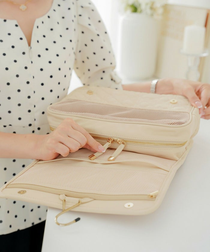 バッグ小物旅行ポーチトラベルポーチ吊り下げ旅行用洗面用具トイレサニタリーバッグ大容量撥水フック付きトラベルおしゃれメッシュポケット多機能仕分けゴムバンドコテヘアアイロンベージュピンクモカブラウン