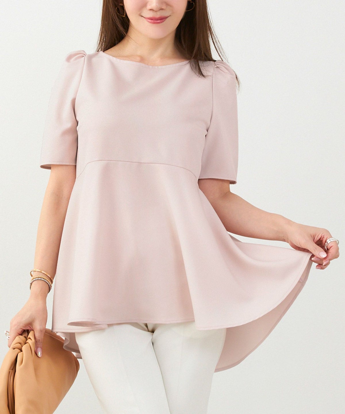 手洗い可日本製かわいい上品きれいめ大人カジュアルオフィスシンプルペプラム体型カバージョイントスペース