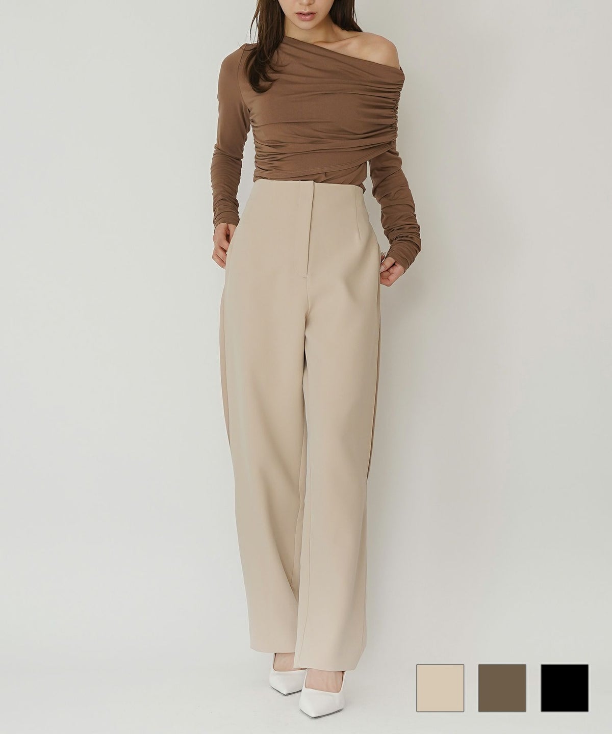 デイリー カジュアル エレガント モード 変形 オフィス ワイド 体型カバー ゆるボトム KINO THE KEI サイド タック カーブ パンツ KINO THE KEI