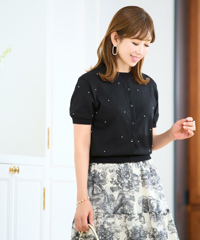 散りばめ小パールニットカーディガン半袖サマーニットホワイトブラック