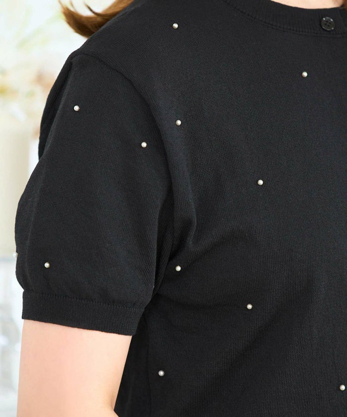 散りばめ小パールニットカーディガン半袖サマーニットホワイトブラック