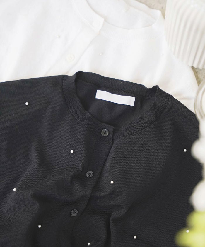 散りばめ小パールニットカーディガン半袖サマーニットホワイトブラック