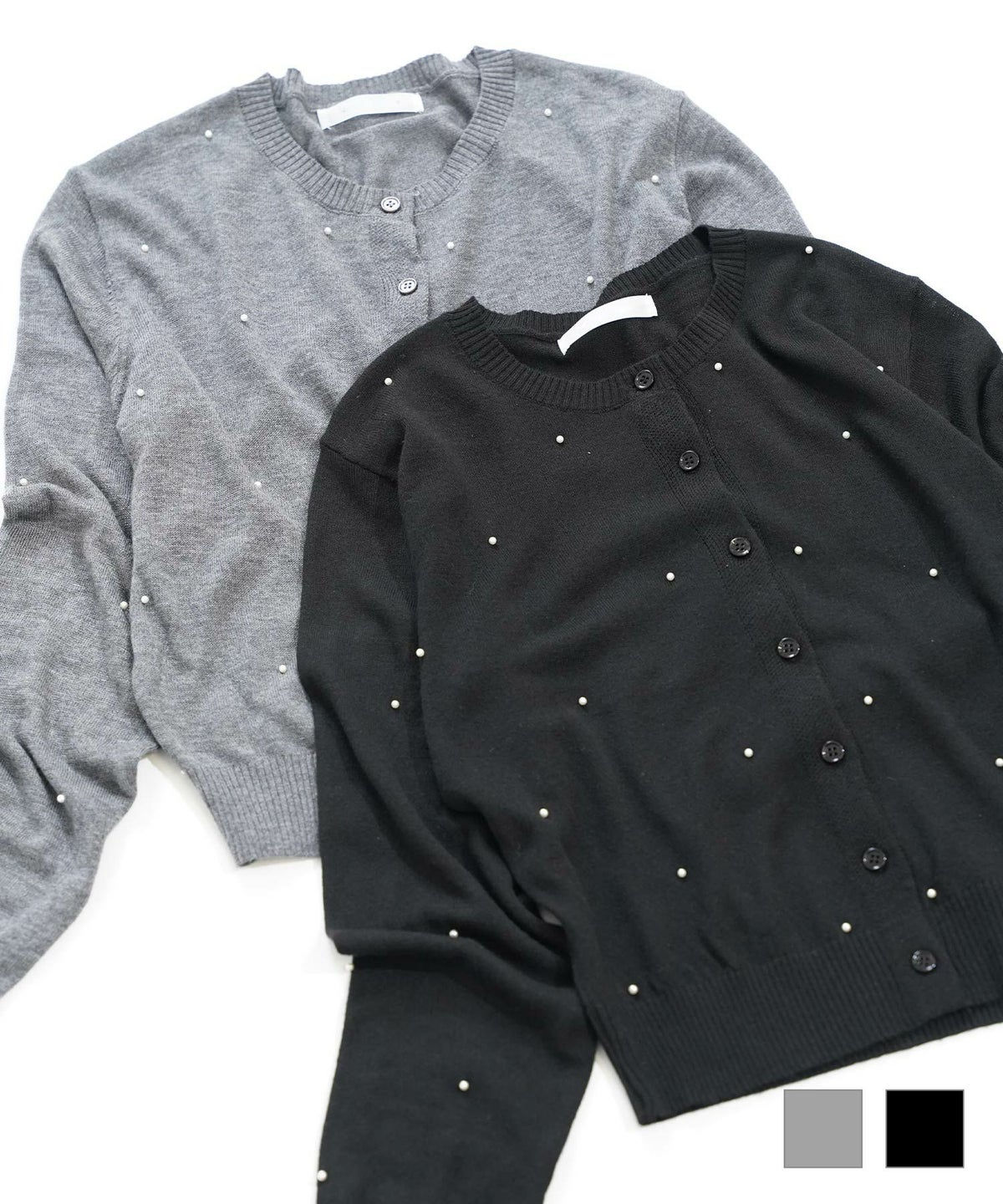 トップス ニット レディース カーディガン 長袖 パール 大人 オフィス きれいめ かわいい 秋冬 グレー 黒 ジョイントスペース パール付ニットカーディガン Prima Scherrer