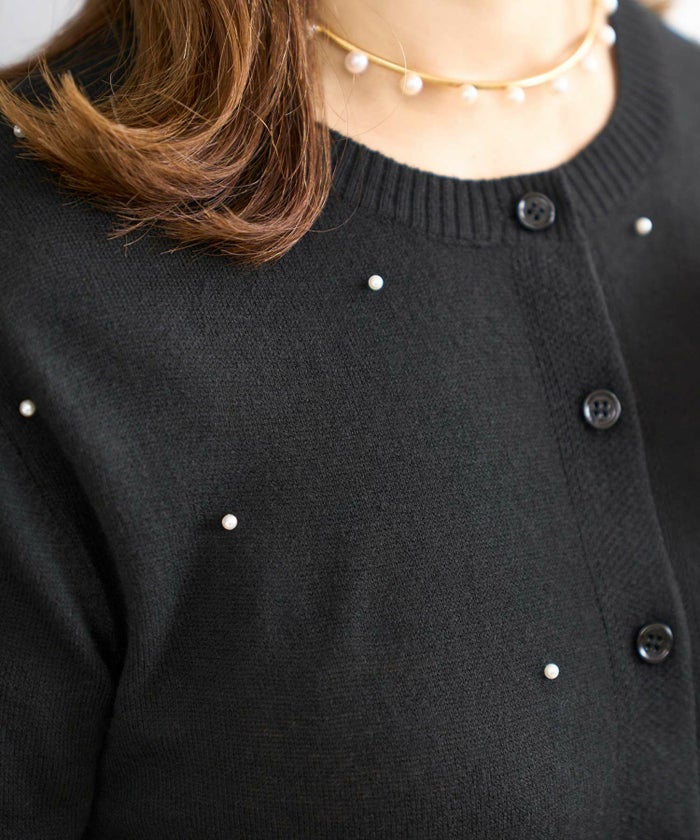 トップス ニット レディース カーディガン 長袖 パール 大人 オフィス きれいめ かわいい 秋冬 グレー 黒 ジョイントスペース