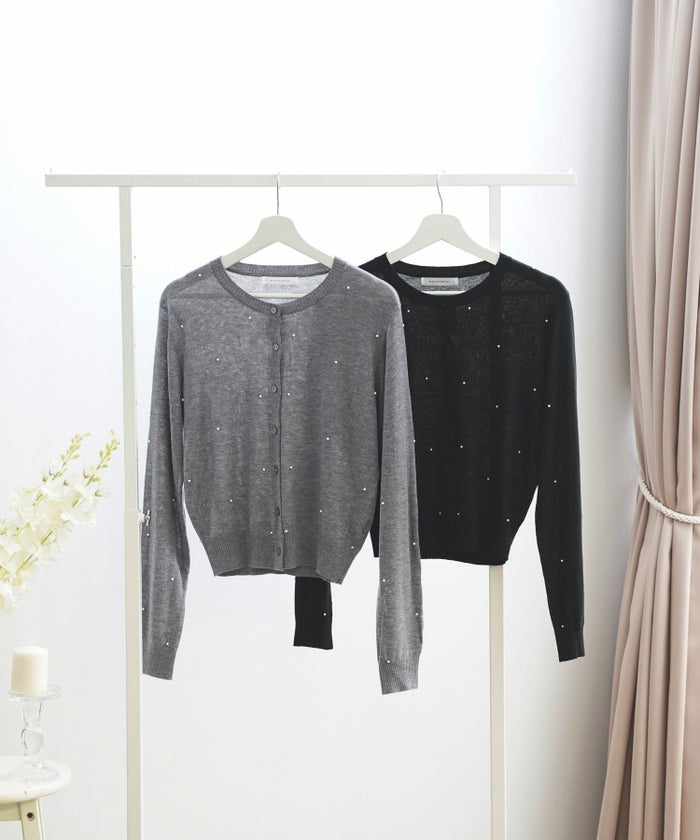 トップス ニット レディース カーディガン 長袖 パール 大人 オフィス きれいめ かわいい 秋冬 グレー 黒 ジョイントスペース