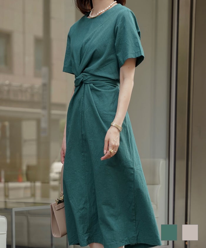 レディース 夏 サマーワンピース 麻 薄手 リボン きれいめ 洗える グリーン ベージュ M 半袖 ウエスト ツイスト リボン ワンピース HUIT
