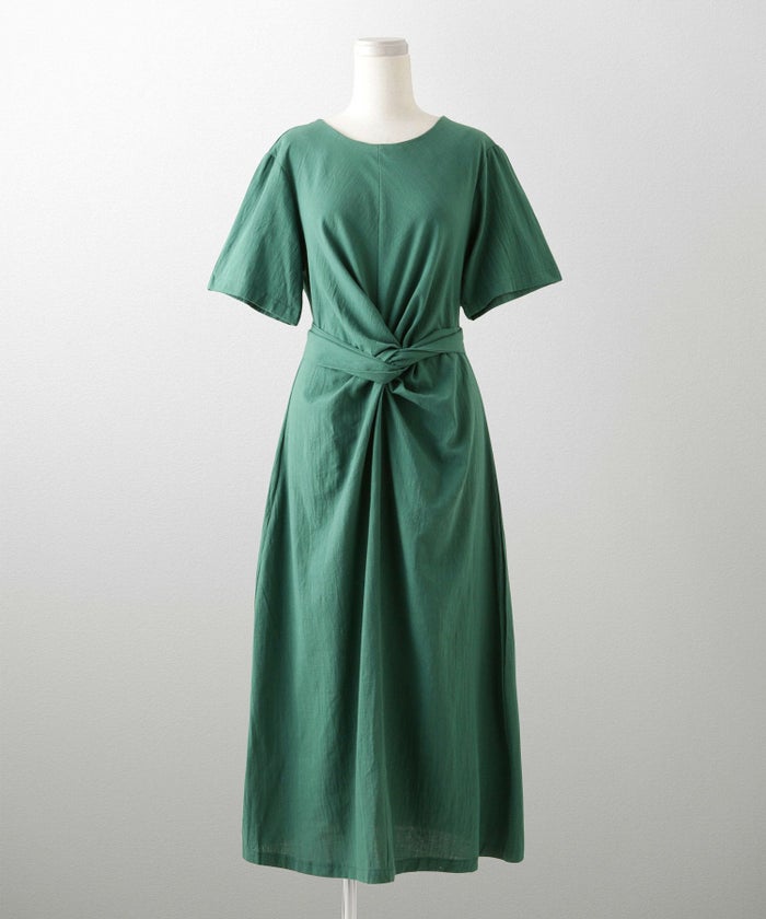 レディース 夏 サマーワンピース 麻 薄手 リボン きれいめ 洗える グリーン/ベージュ/M/半袖