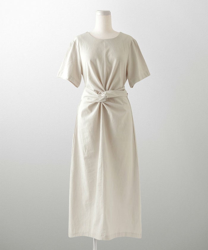 レディース 夏 サマーワンピース 麻 薄手 リボン きれいめ 洗える グリーン/ベージュ/M/半袖