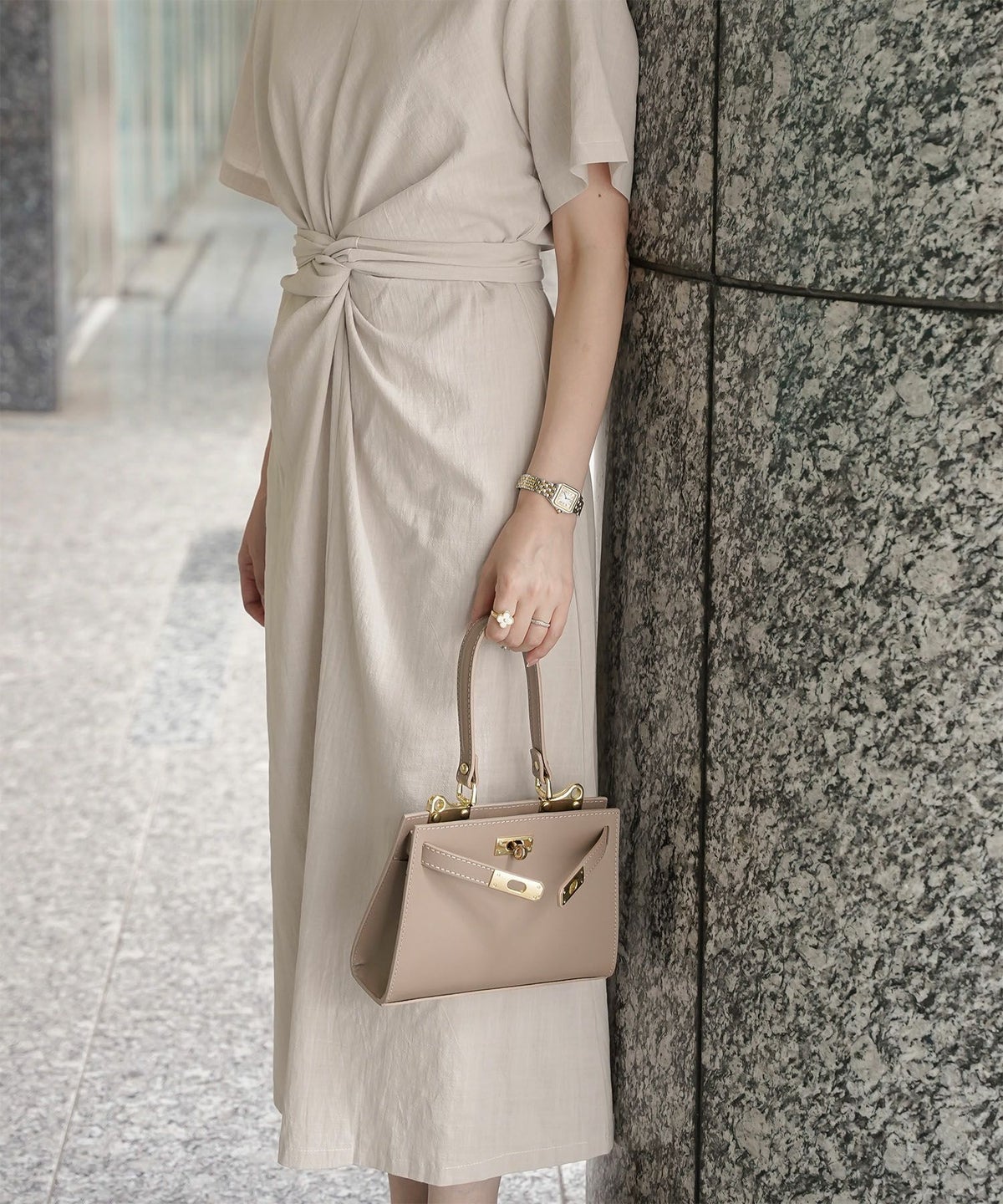 レディース 夏 サマーワンピース 麻 薄手 リボン きれいめ 洗える グリーン/ベージュ/M/半袖