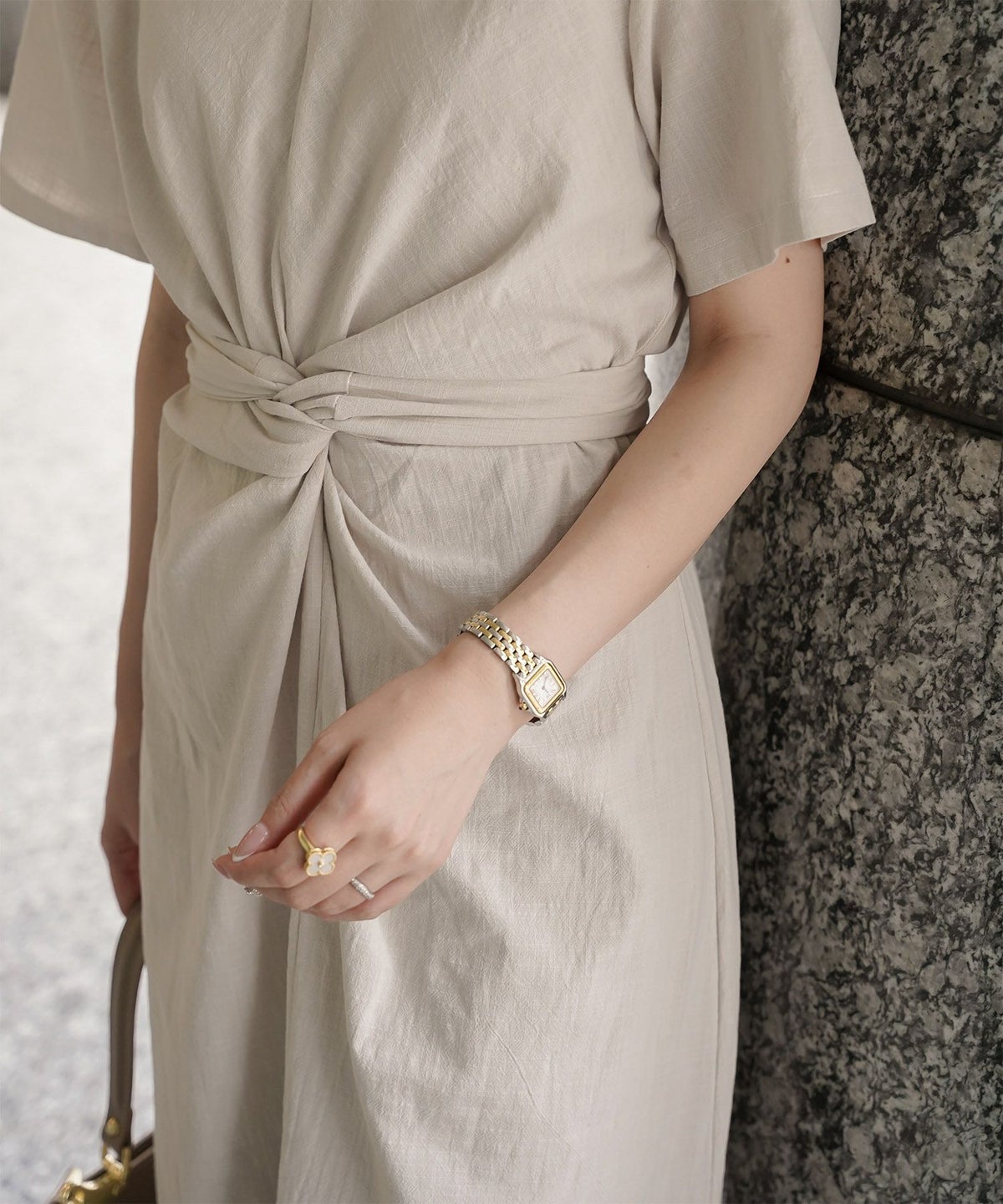 レディース 夏 サマーワンピース 麻 薄手 リボン きれいめ 洗える グリーン/ベージュ/M/半袖