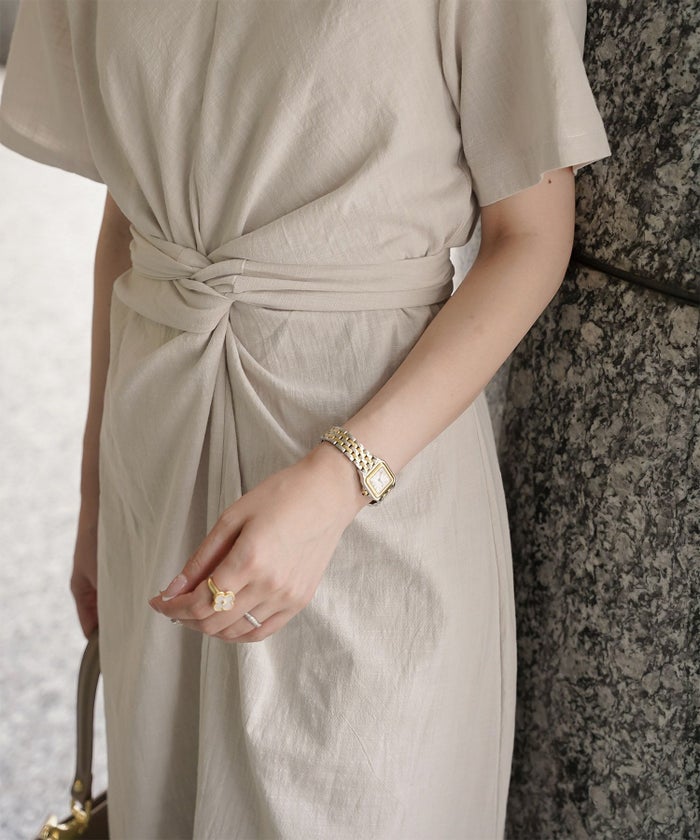 レディース 夏 サマーワンピース 麻 薄手 リボン きれいめ 洗える グリーン/ベージュ/M/半袖