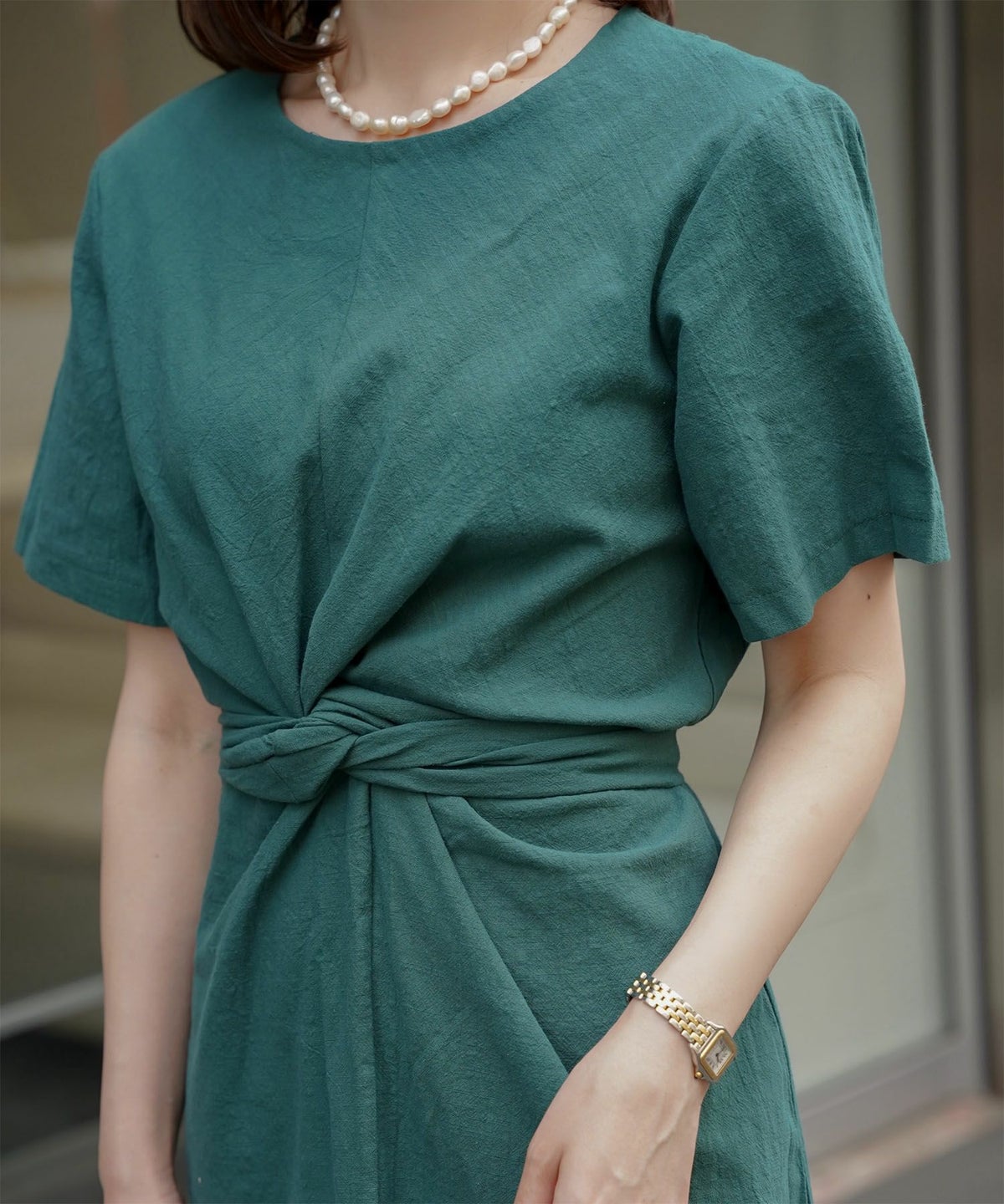 レディース 夏 サマーワンピース 麻 薄手 リボン きれいめ 洗える グリーン/ベージュ/M/半袖