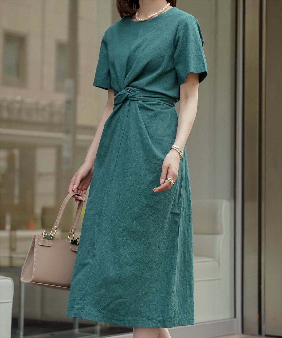 レディース 夏 サマーワンピース 麻 薄手 リボン きれいめ 洗える グリーン/ベージュ/M/半袖