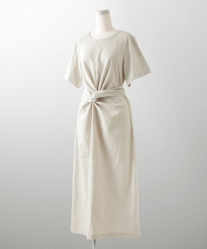 レディース 夏 サマーワンピース 麻 薄手 リボン きれいめ 洗える グリーン/ベージュ/M/半袖