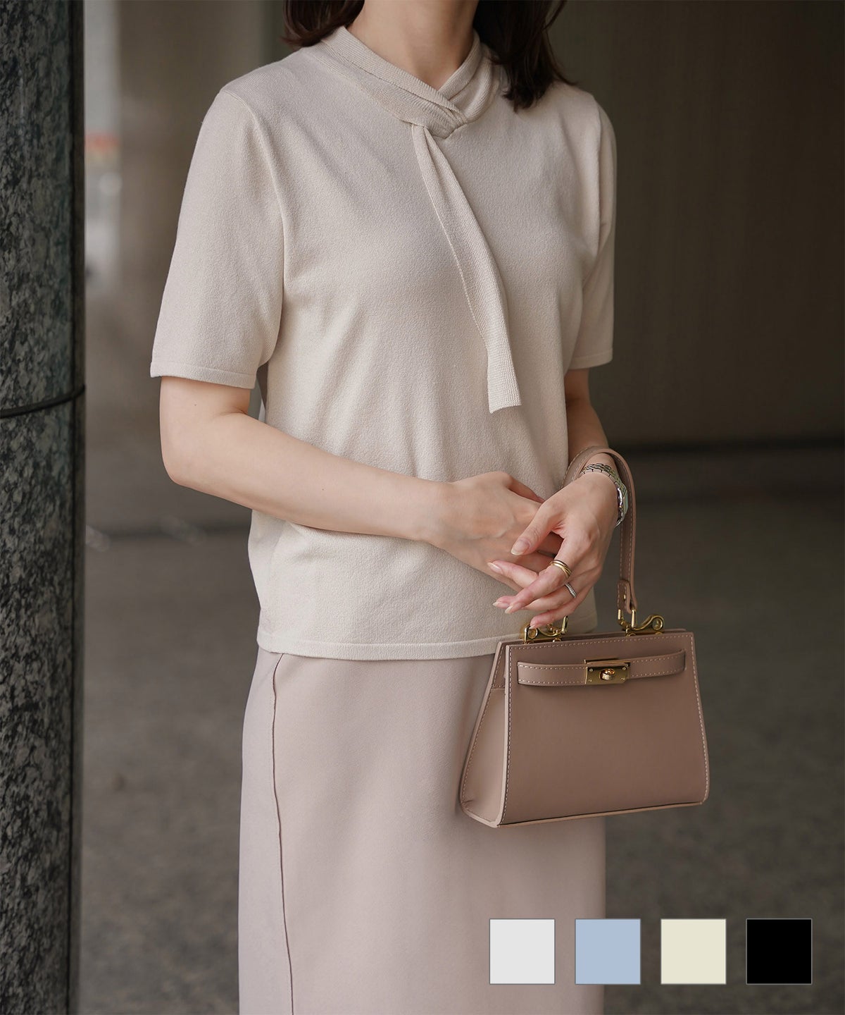 ニュアンス ボウタイ ニット レディース トップス プルオーバー サマーニット ラメ 半袖 きれいめ 上品 洗える ニュアンス ボウタイ ニット トップス HUIT