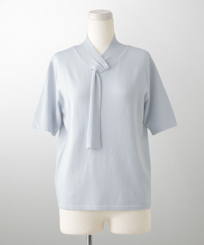 ニュアンス ボウタイ ニット レディース トップス プルオーバー サマーニット ラメ 半袖 きれいめ 上品 洗える