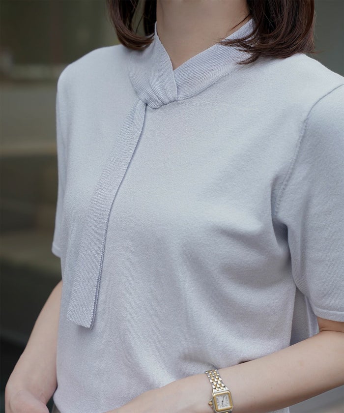 ニュアンス ボウタイ ニット レディース トップス プルオーバー サマーニット ラメ 半袖 きれいめ 上品 洗える