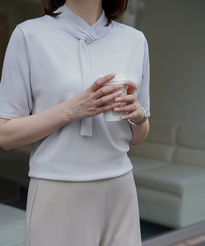 ニュアンス ボウタイ ニット レディース トップス プルオーバー サマーニット ラメ 半袖 きれいめ 上品 洗える