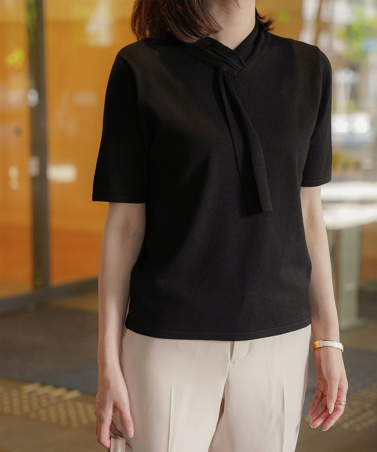 ニュアンス ボウタイ ニット レディース トップス プルオーバー サマーニット ラメ 半袖 きれいめ 上品 洗える