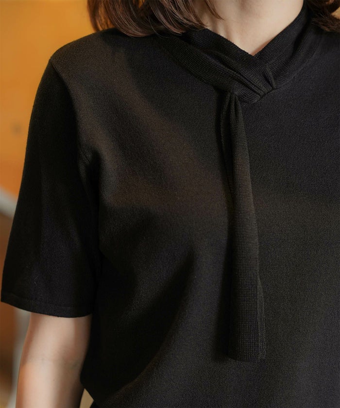 ニュアンス ボウタイ ニット レディース トップス プルオーバー サマーニット ラメ 半袖 きれいめ 上品 洗える