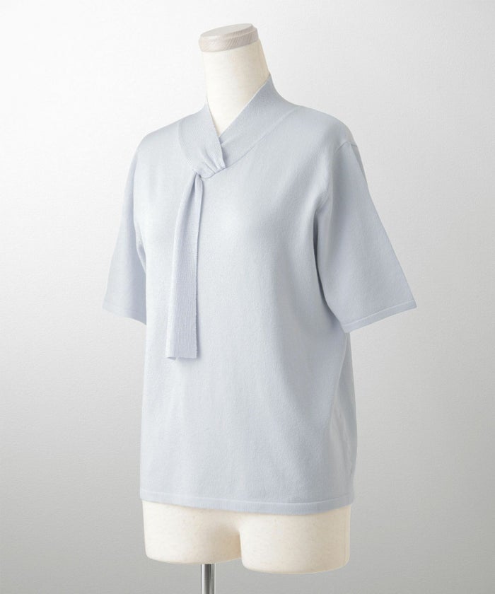 ニュアンス ボウタイ ニット レディース トップス プルオーバー サマーニット ラメ 半袖 きれいめ 上品 洗える