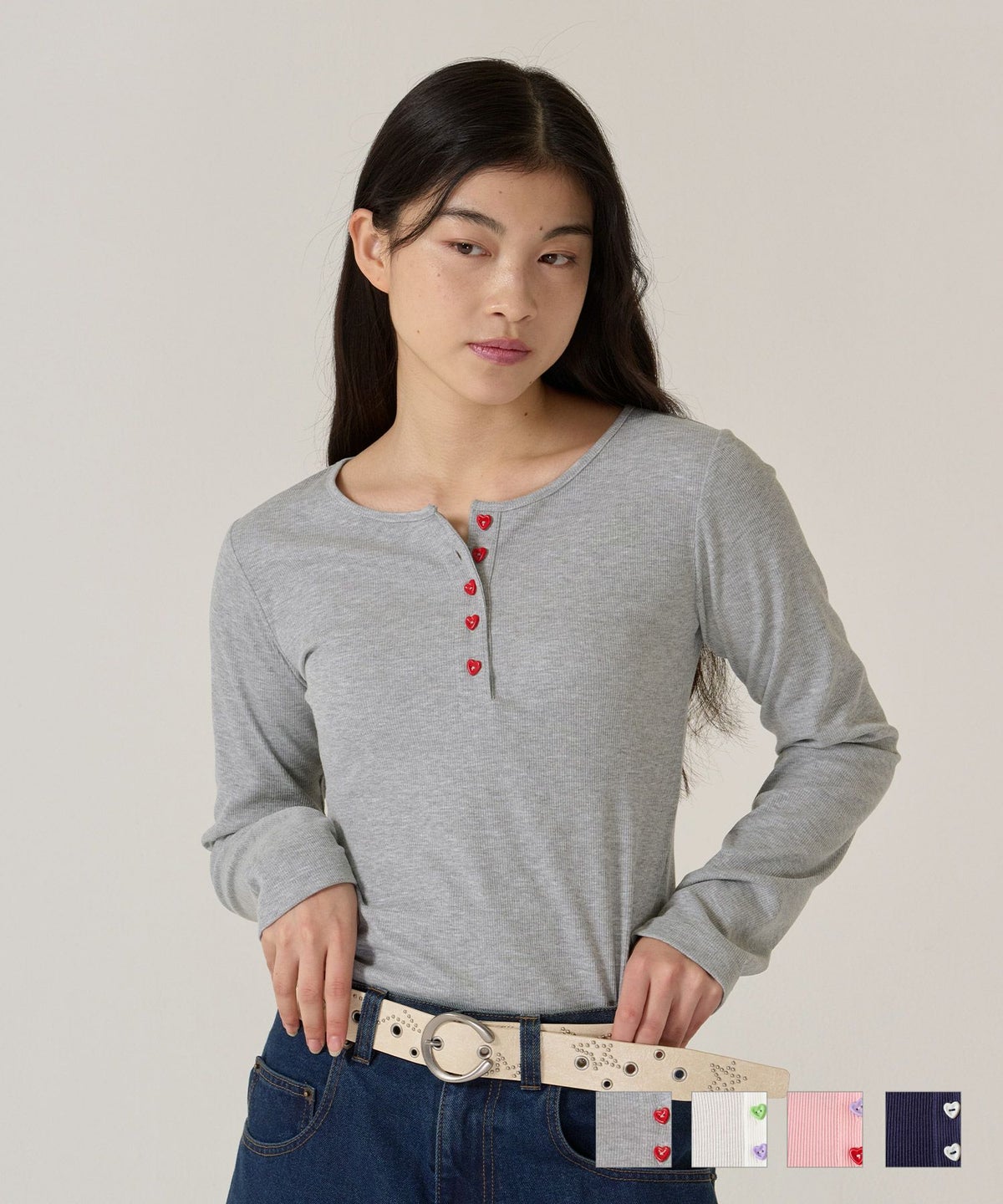 ハートボタン/ヘンリーネック/ロンT/ピンク