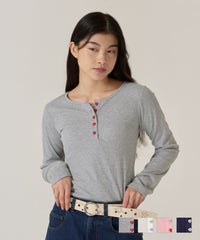 ハートボタン/ヘンリーネック/ロンT/ピンク