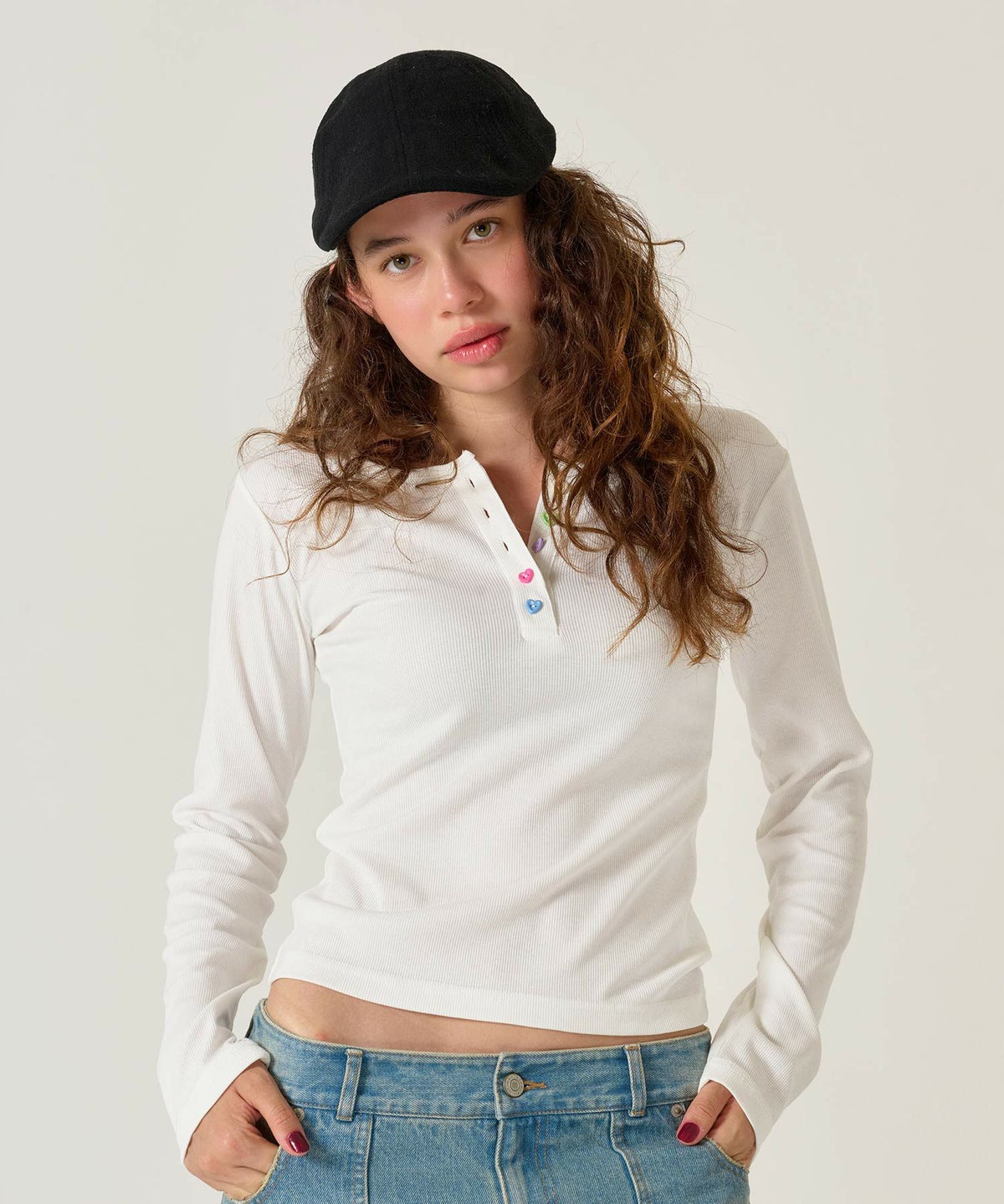 ハートボタン/ヘンリーネック/ロンT/ピンク