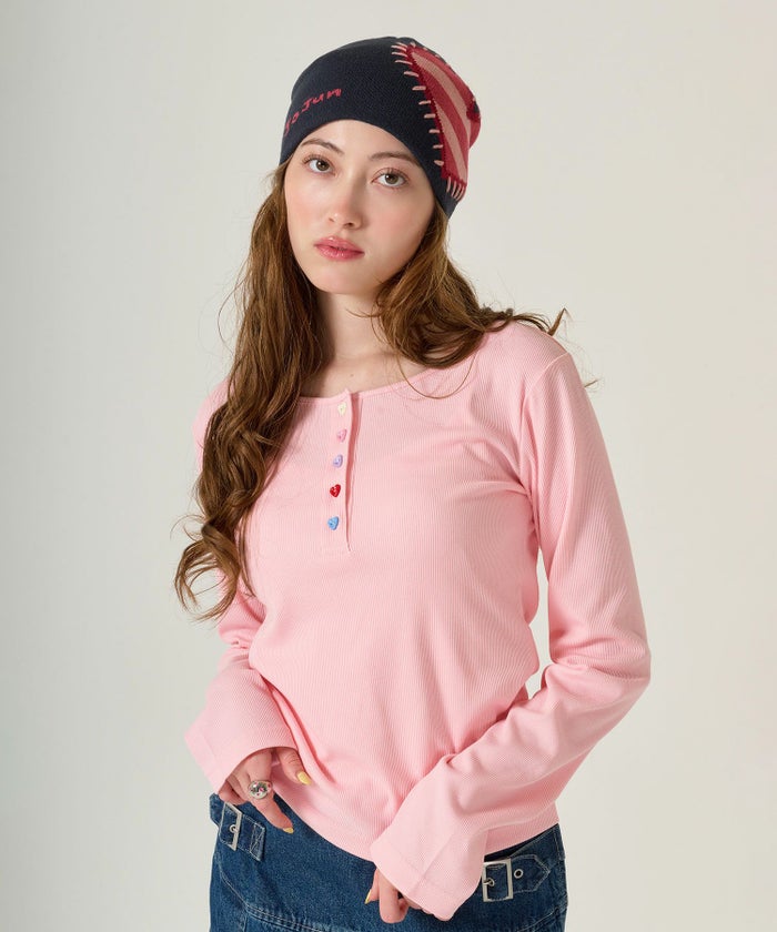 ハートボタン/ヘンリーネック/ロンT/ネイビー