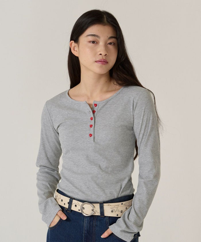 ハートボタン/ヘンリーネック/ロンT/ホワイト