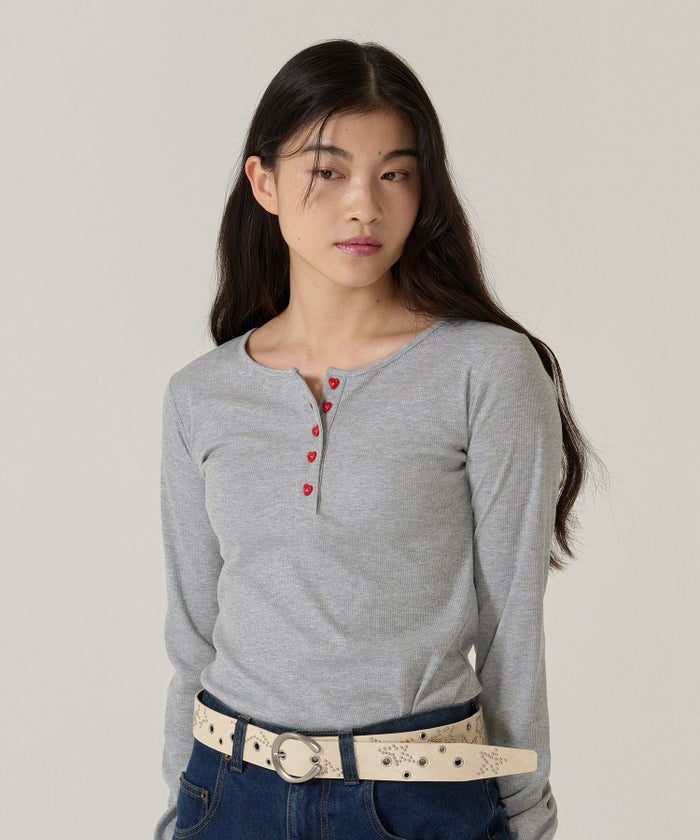 ハートボタン/ヘンリーネック/ロンT/ホワイト