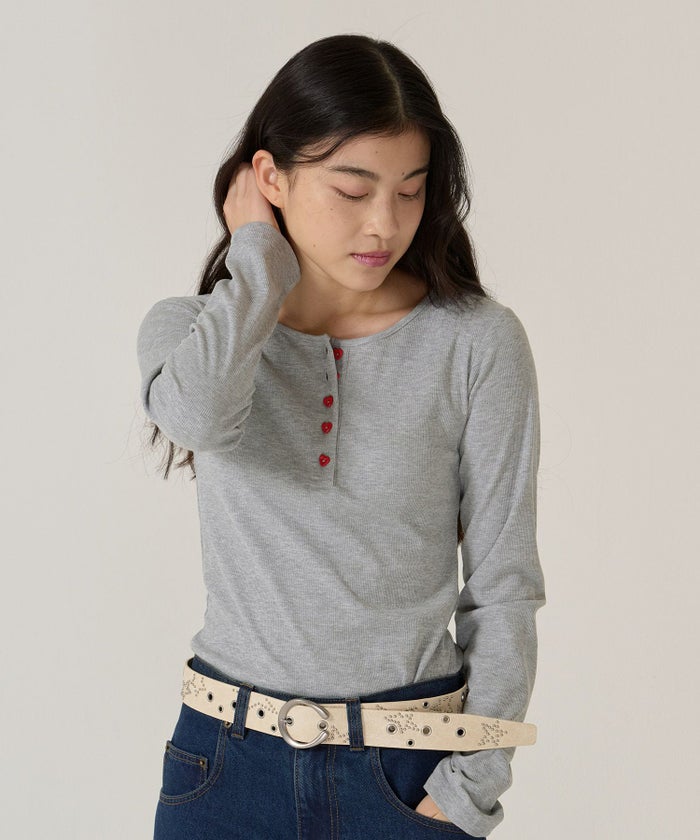 ハートボタン/ヘンリーネック/ロンT/ホワイト