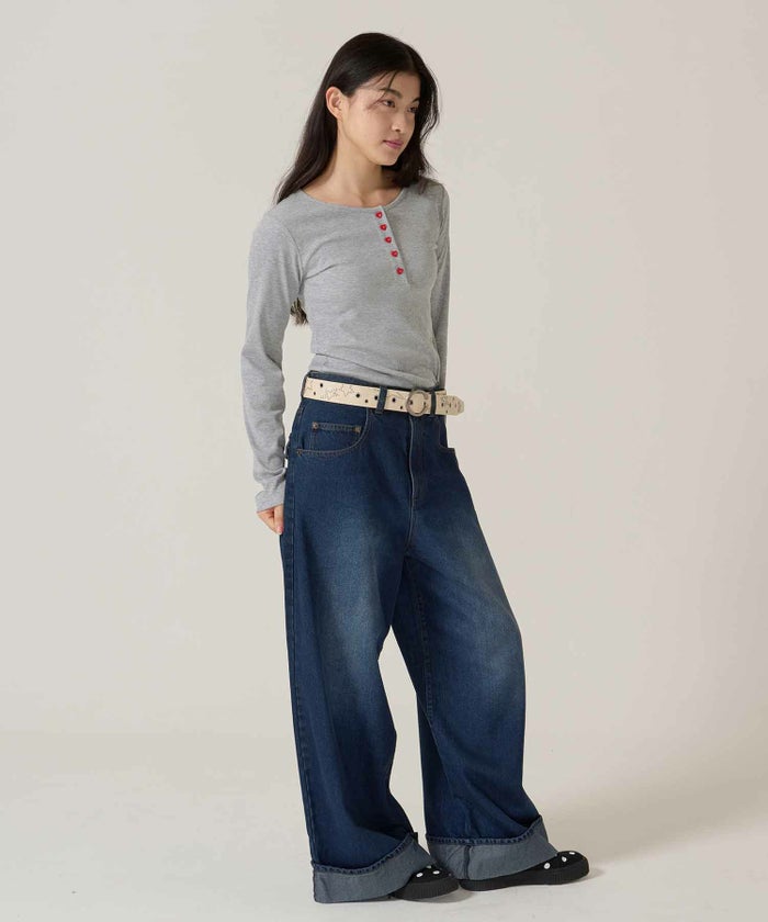 ハートボタン/ヘンリーネック/ロンT/ピンク