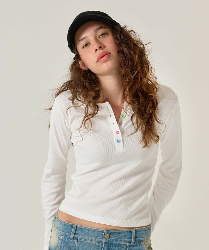 ハートボタン/ヘンリーネック/ロンT/ピンク