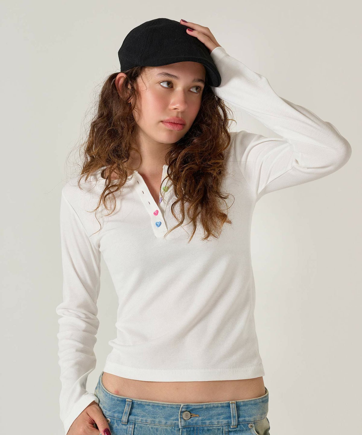 ハートボタン/ヘンリーネック/ロンT/ネイビー