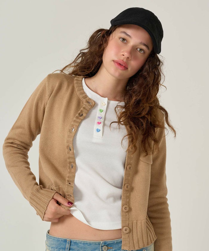 ハートボタン/ヘンリーネック/ロンT/ネイビー