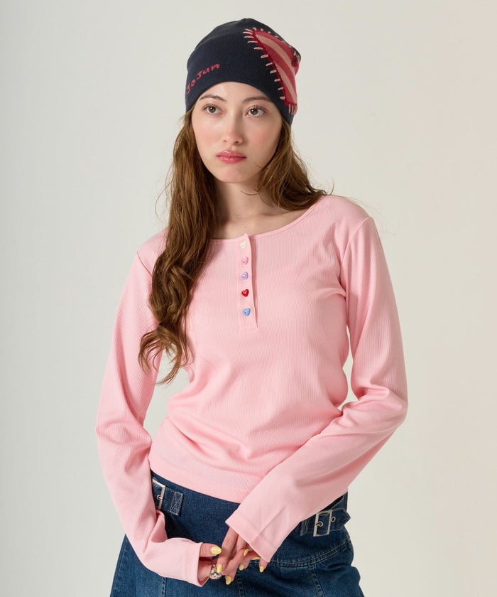 ハートボタン/ヘンリーネック/ロンT/ピンク