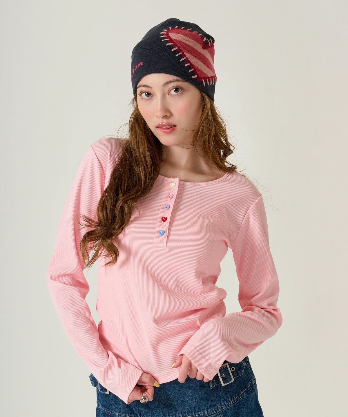 ハートボタン/ヘンリーネック/ロンT/ピンク