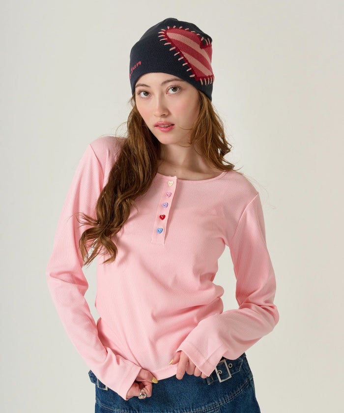 ハートボタン/ヘンリーネック/ロンT/ピンク
