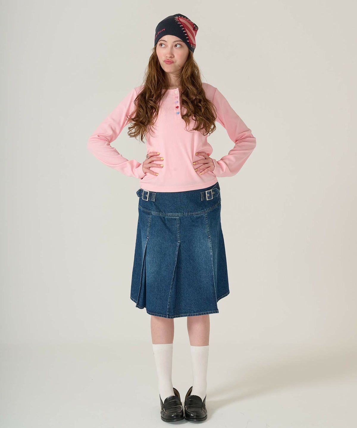 ハートボタン/ヘンリーネック/ロンT/ピンク