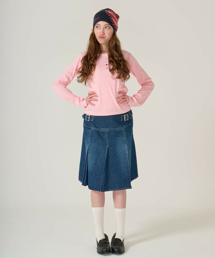 ハートボタン/ヘンリーネック/ロンT/ピンク