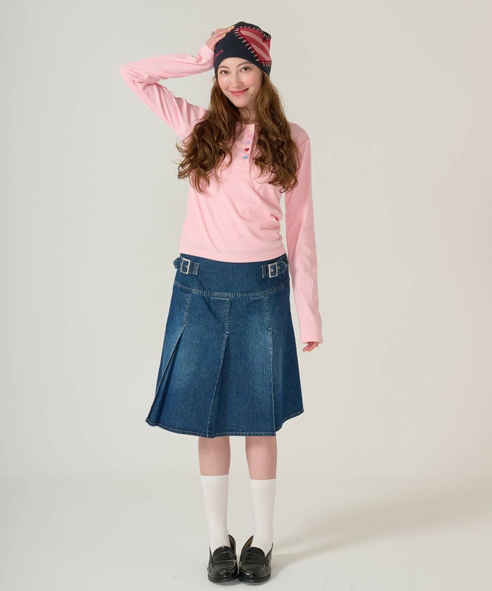 ハートボタン/ヘンリーネック/ロンT/ピンク/ホワイト/ネイビー