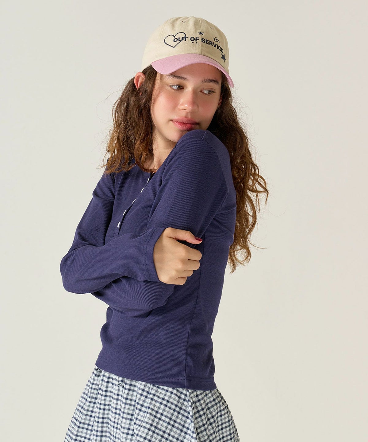 ハートボタン/ヘンリーネック/ロンT/ピンク/ホワイト/ネイビー