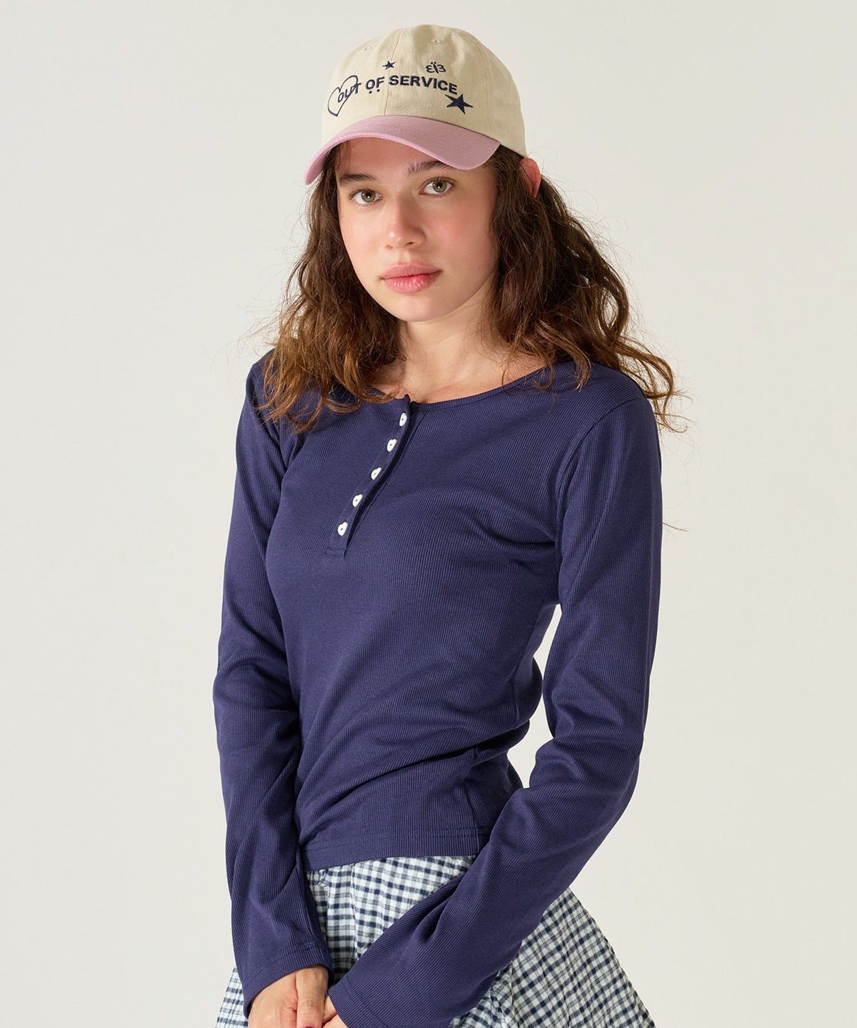 ハートボタン/ヘンリーネック/ロンT/ピンク/ホワイト/ネイビー